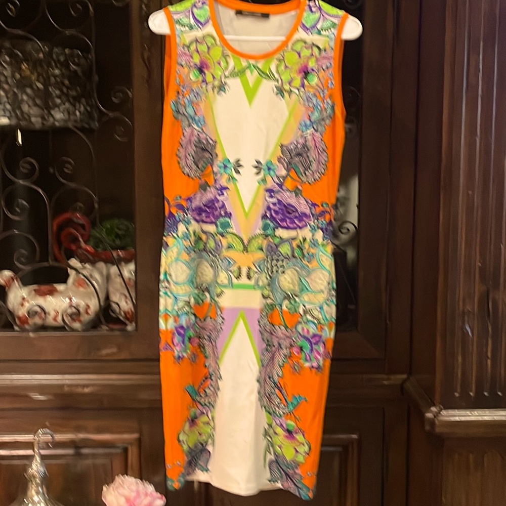Roberto Cavalli Orange Multicolor Floral-Print Sheath Dress with Cream Center